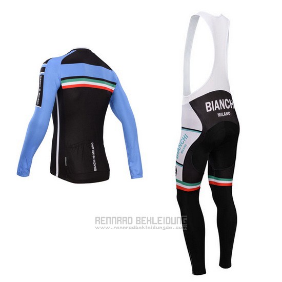 2014 Fahrradbekleidung Bianchi Shwarz und Azurblau Trikot Langarm und Tragerhose