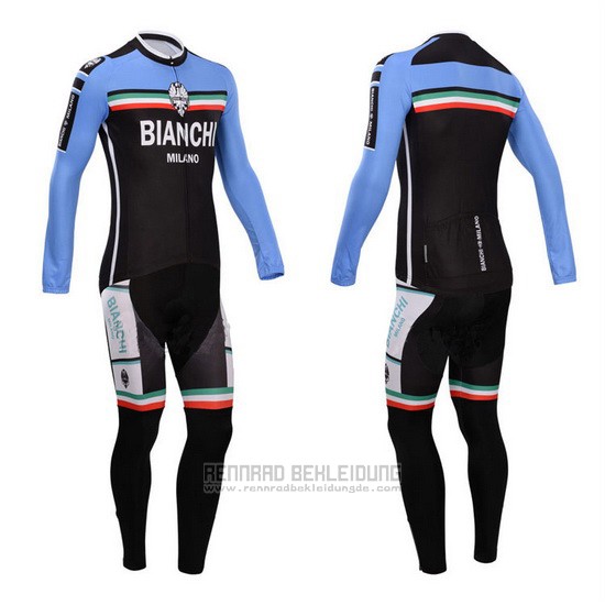 2014 Fahrradbekleidung Bianchi Shwarz und Azurblau Trikot Langarm und Tragerhose