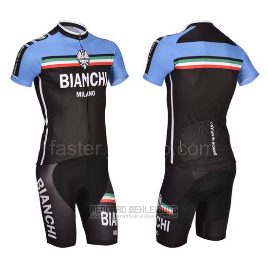 2014 Fahrradbekleidung Bianchi Shwarz und Blau Trikot Kurzarm und Tragerhose