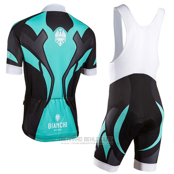 2016 Fahrradbekleidung Bianchi Shwarz und Azurblau Trikot Kurzarm und Tragerhose